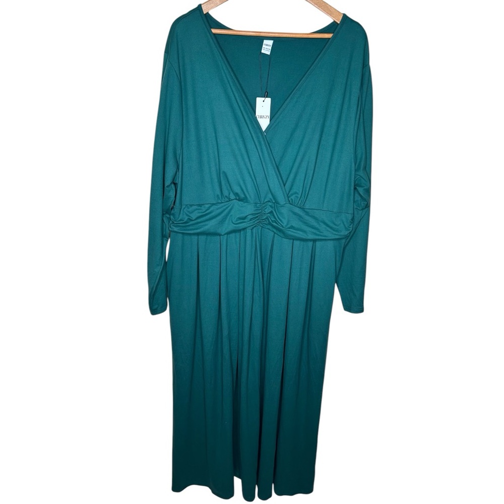 🩷 NWT Curvzy Women 5X Empire Waist Emerald Green Maxi dress Stretch V Neck